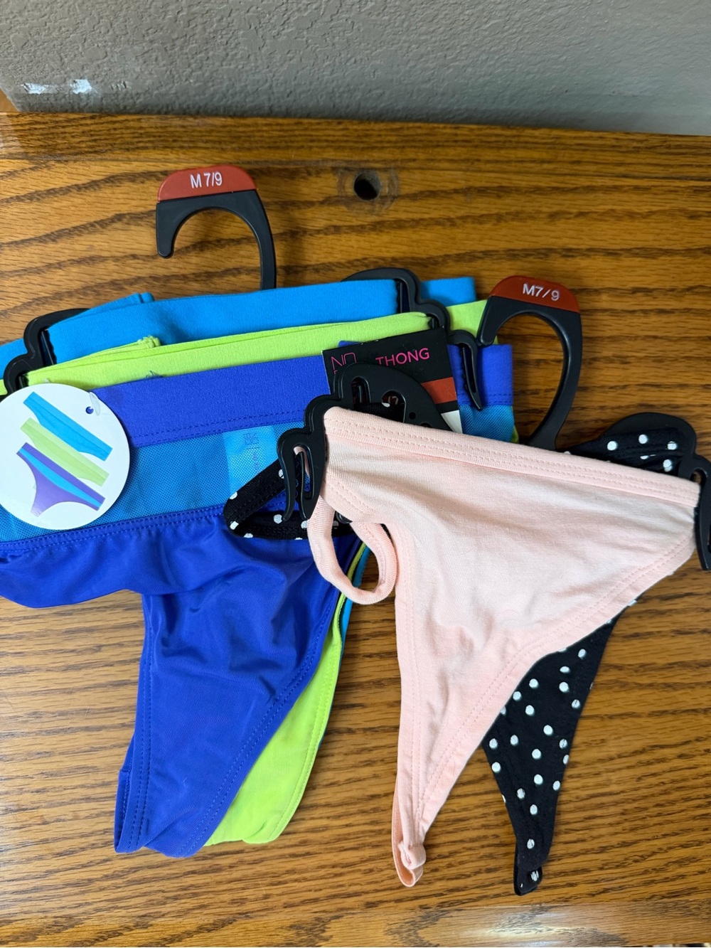 No boundaries Thong Panties Pack - Blue, Lime, Peach, Black Polka Dot - M